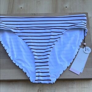 CALIA Coastal Stripe White Wide Banded Mid Rise Bikini Bottoms WSA23414PRT M